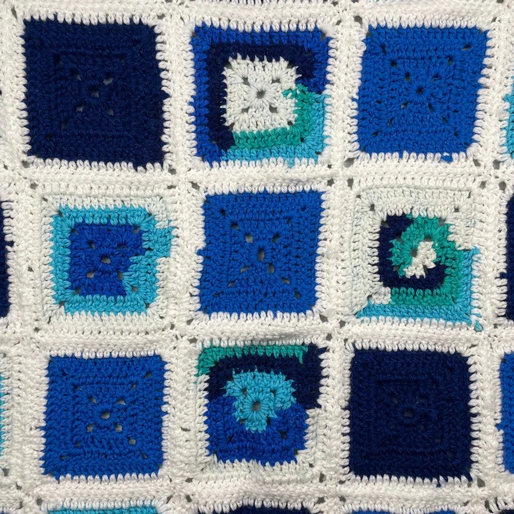 Handmade Granny Square Crochet Blanket Blue White Teal Throw Cozy 39 x 32